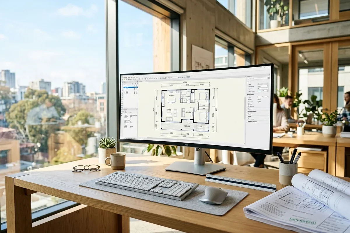 Modern desktop workstation displaying 2D CAD floor plan with dimensions and drawing tools