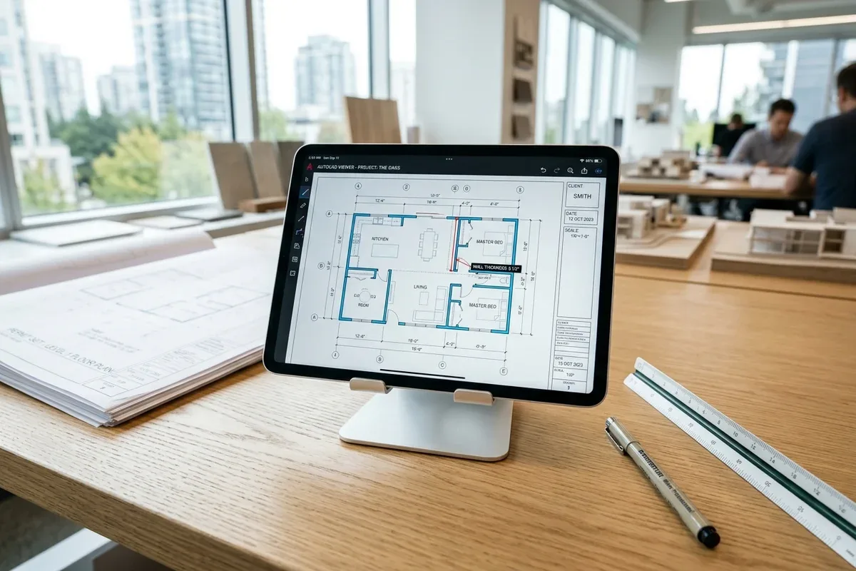 Digital tablet showing CAD floor plan with calibrated measurement calipers next to scale ruler