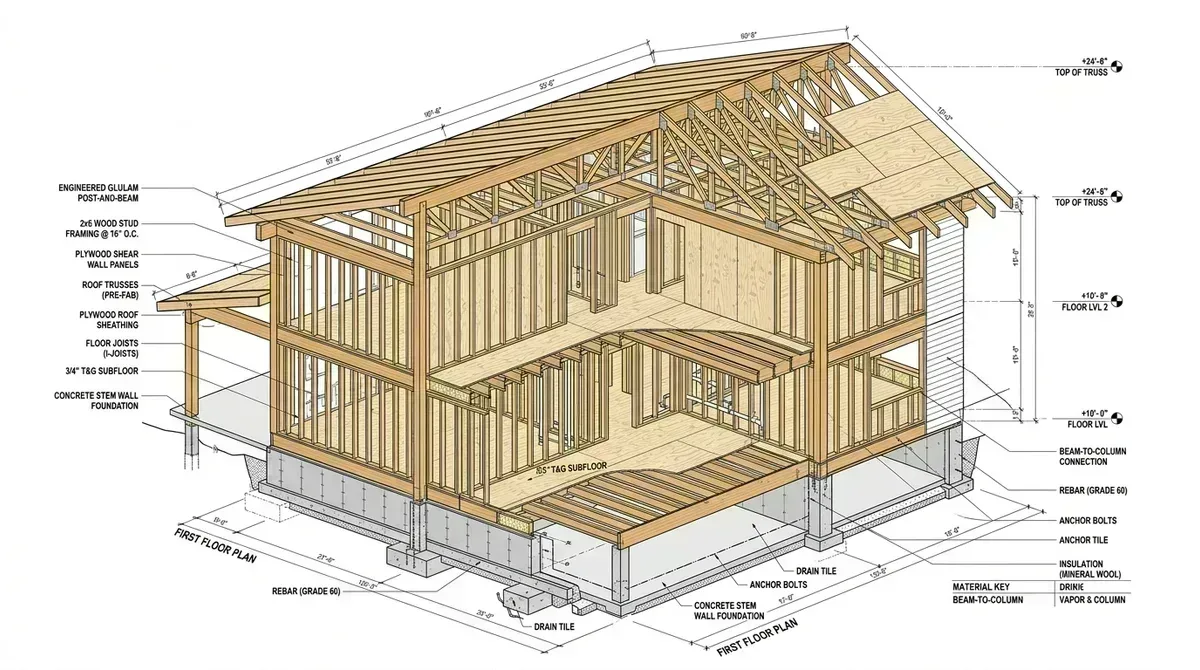 3D architectural BIM model of timber framing and structural assemblies