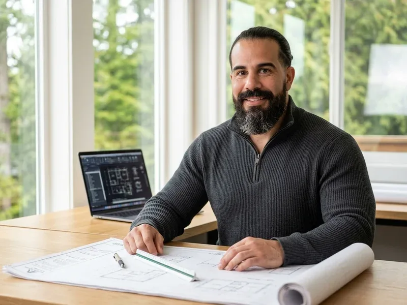 Edward Vega reviewing architectural plans and spatial models