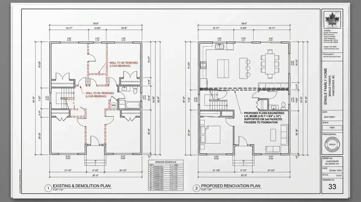 Home renovation demolition layout vs proposed open-concept CAD permit drawings