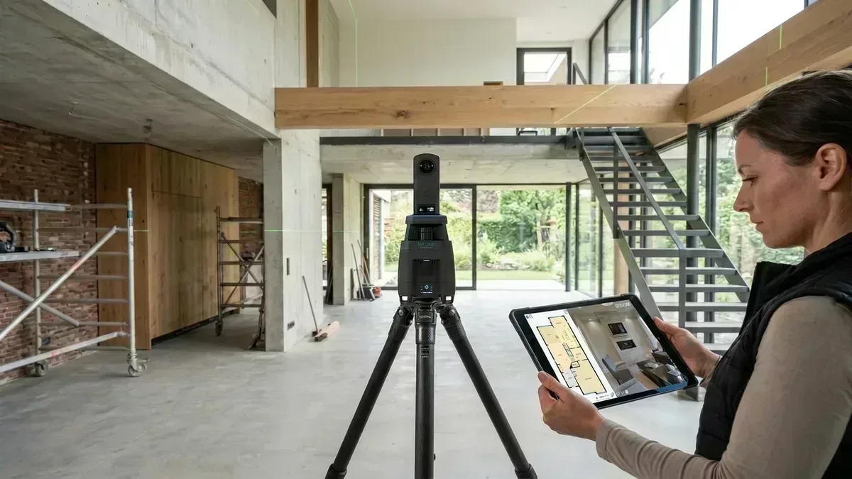 iGUIDE PLANIX Pro 3D LiDAR camera scanning room interior with real-time tablet telemetry