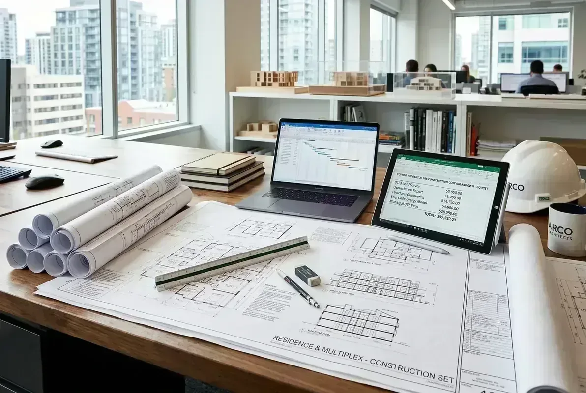Custom home pre-construction cost breakdown and blueprints